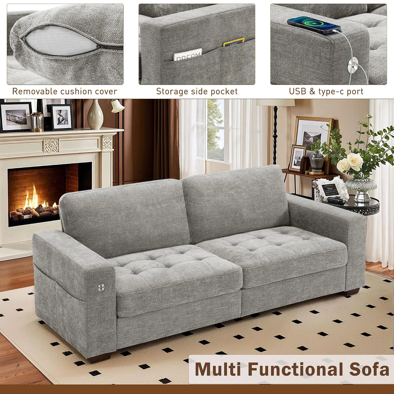 Couch for Living Room, Modern Comfy Sofa with Medium Firm Seat Cushion, Removable Cover,Wide Armrest,USB/Type-C, Customized