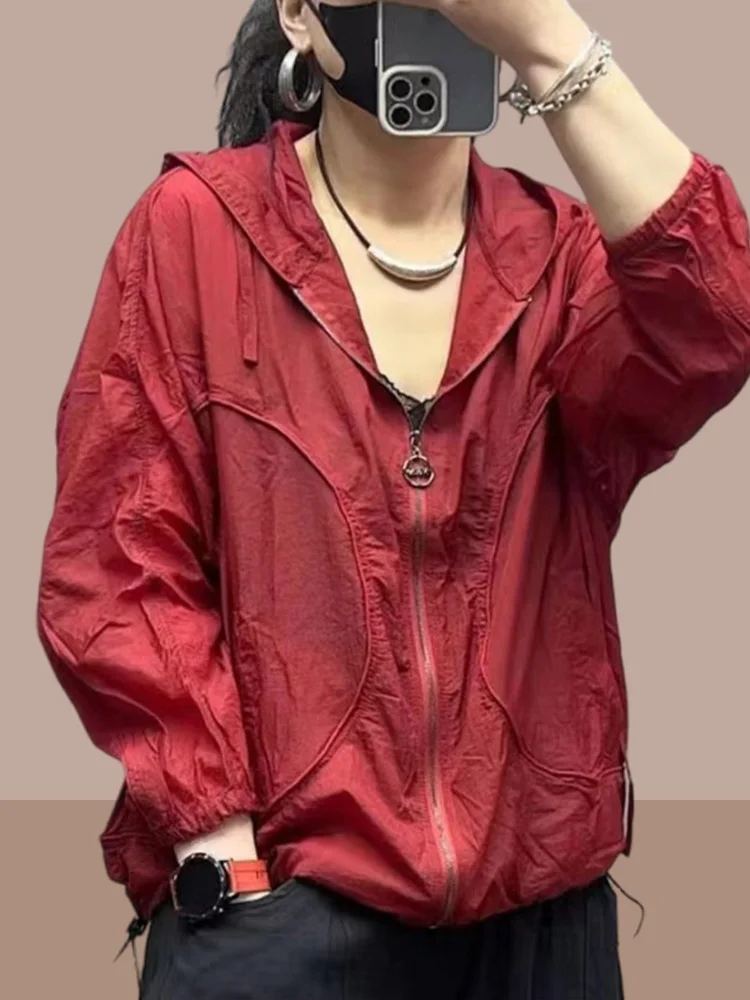 

Летняя женская повседневная уличная дышащая куртка с защитой от солнца, свободного кроя, из полиэфирного волокна, с капюшоном, на молнии, с длинными рукавами