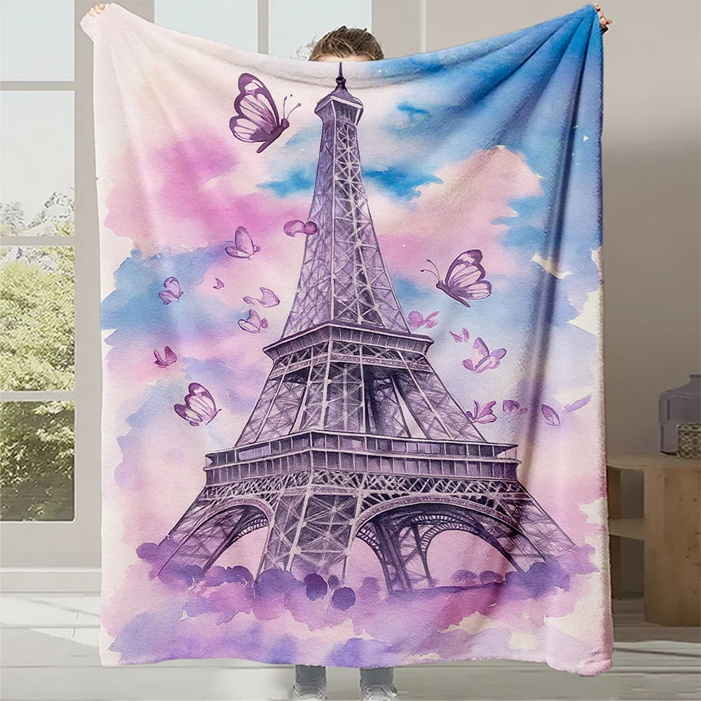1pc Romantic Paris Eiffel Tower & Purple Butterfly Print Flannel Blanket - High-Weight Soft Warmth, Light -Friendly All-Season