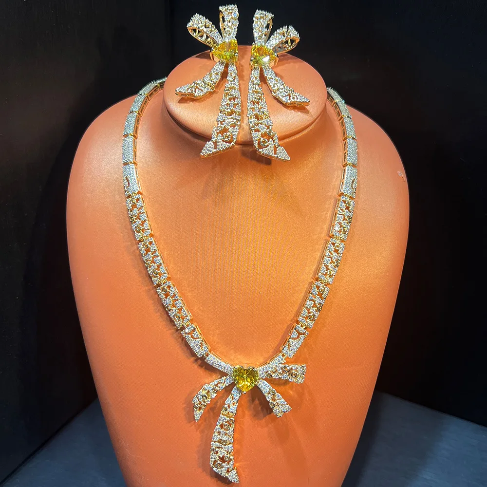 

Women Zircon Bow Colored Gemstone Earrings Necklace Set 2025
