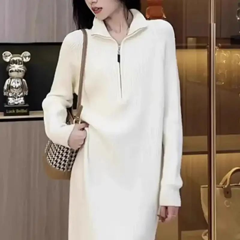 Moda feminina gola zip malha vestido casual outono inverno versátil camada base coreano solto vestido longo