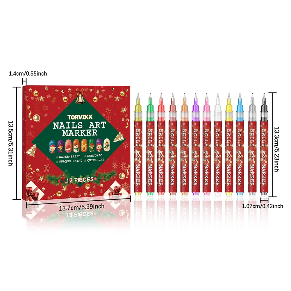 12本入りクリスマスネイルアートペンセット、ネイルポリッシュペン、グラフィティネイルアクリルペイントペン、描画ペイントポイントライナーペン、マニキュア用