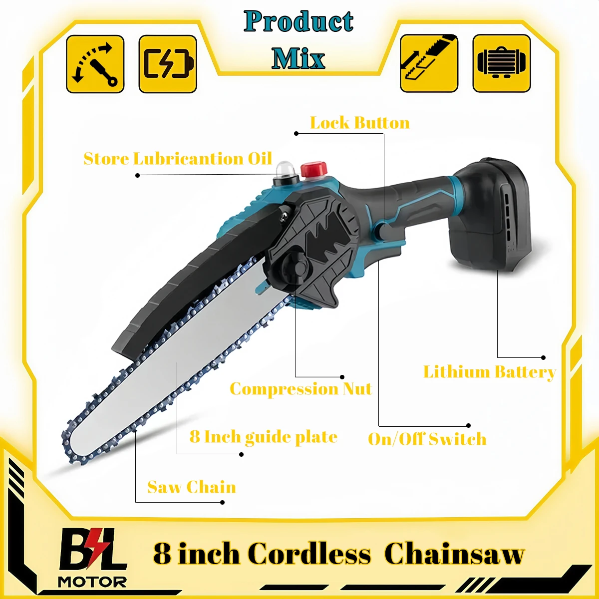 8 Inch Cordless Electric Saw Brushless Garden Handheld Wood Cutting Chainsaw Power Tool For Makita 18V Battery Pin - Image 2