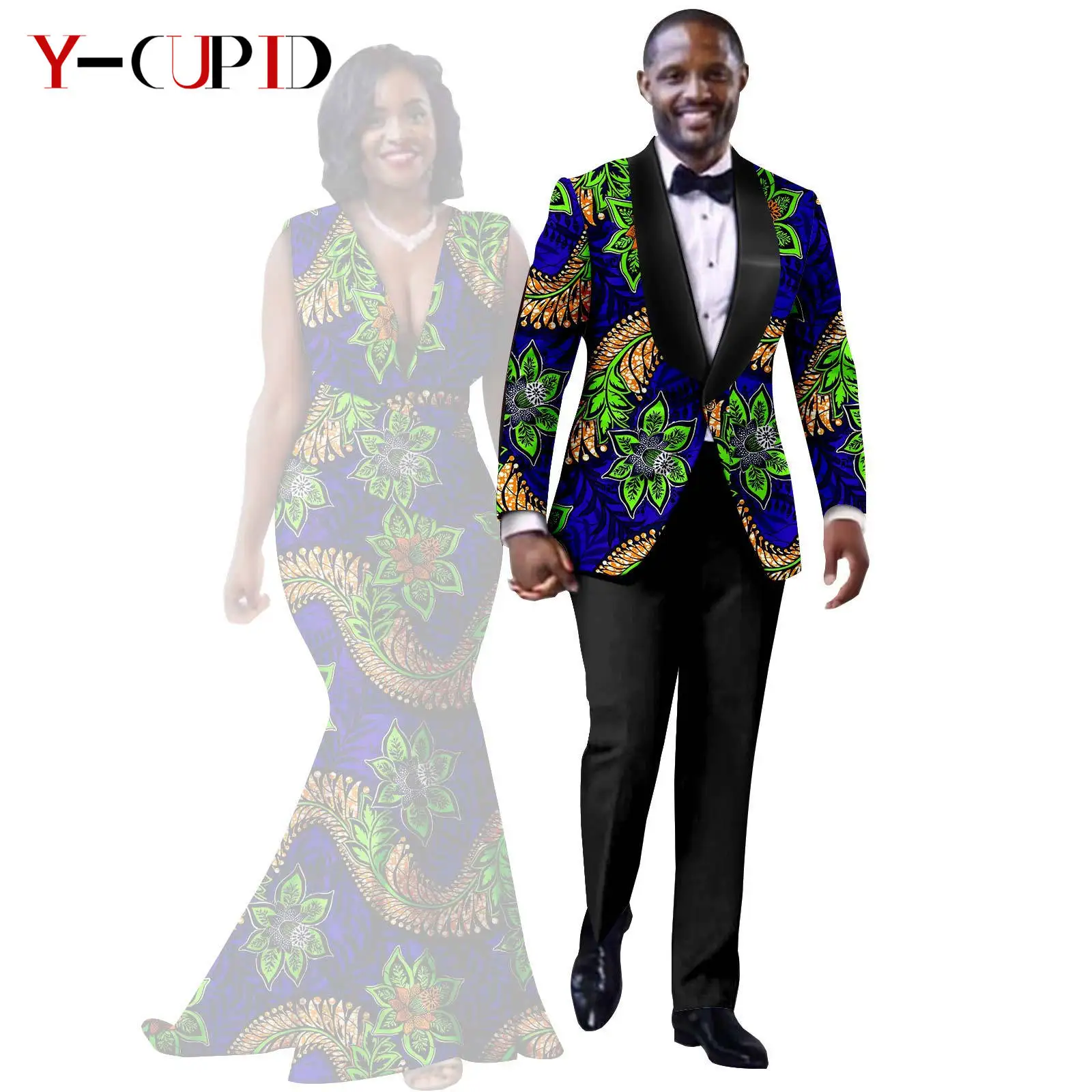 African Print Long Mermaid Dresses for Women Matching Couple Clothes Men Suits Top and Pant Sets Dashiki Party Wedding 25C005