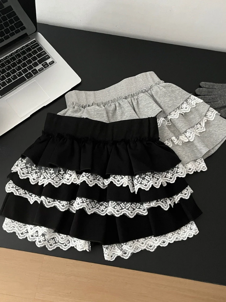 Autumn Designer Elastic Waist Lace Short Skirt Women Vintage Chic Natural Solid Patchwork Skirts Sweet Loose A-line Skirt New