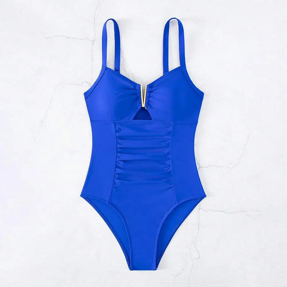 Conjunto de ropa de playa para mujer, Monokini elegante con cuello en V y traje de baño de una pieza sin mangas de cintura alta fruncido en Color sólido