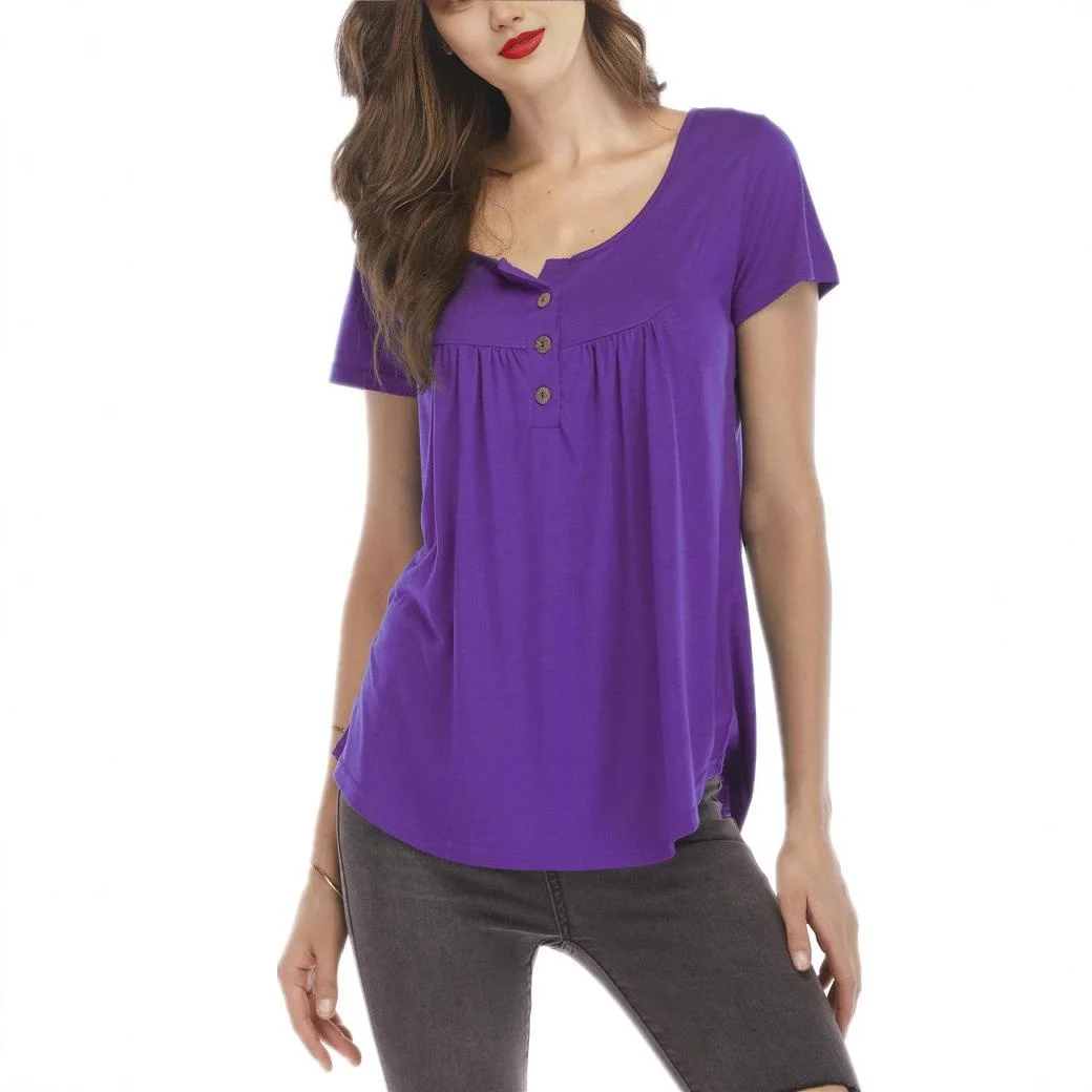 Women's T-irt with Pleated Buttons And ort Sves Loose Fit Polyester  Color Dstring Casual Top for Ladies
