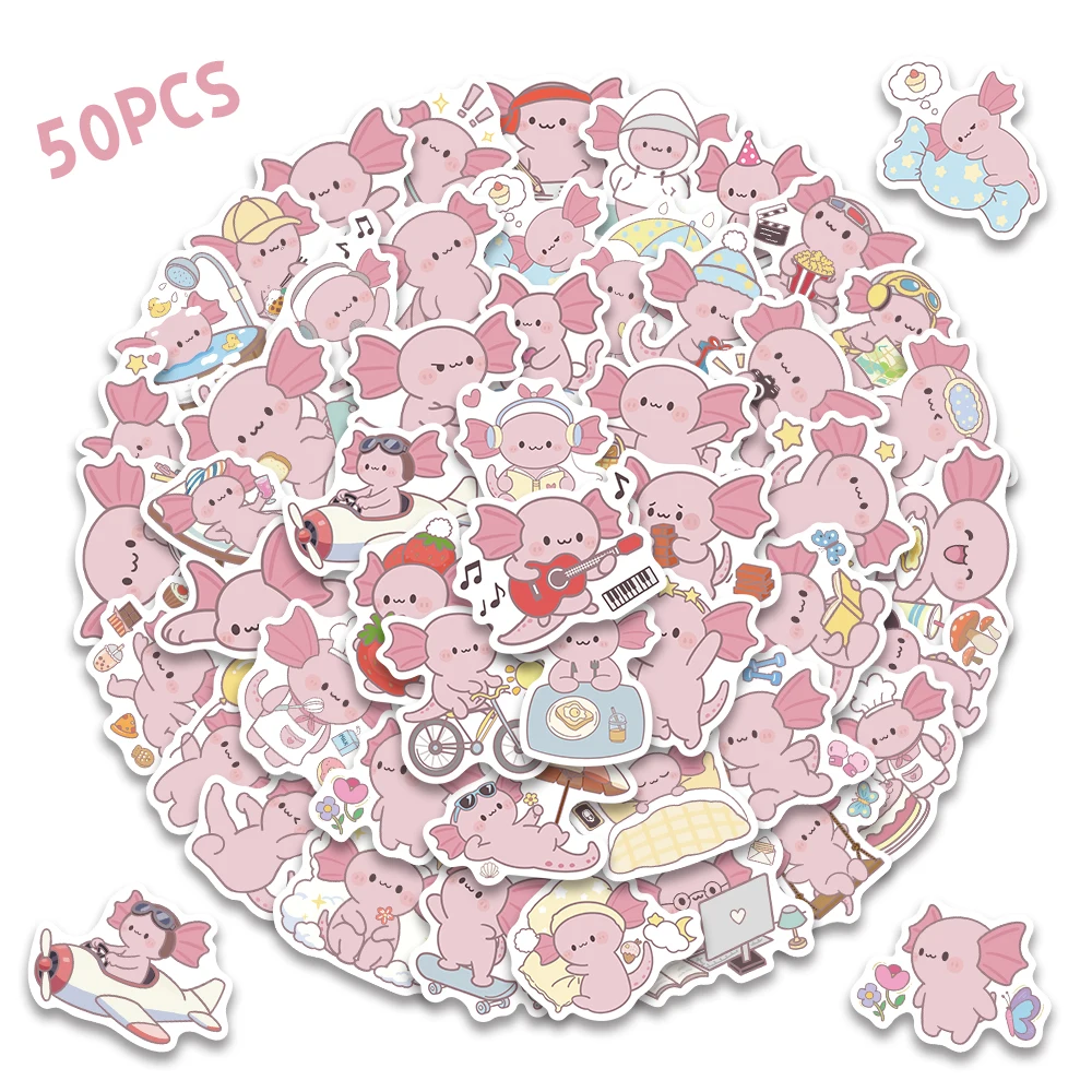 

50 шт., наклейки с изображением фанатов, саламандры, милые животные, цинпов, аксолотль, наклейка для бутылки с водой, ноутбука, телефона, скейтборда, наклейки