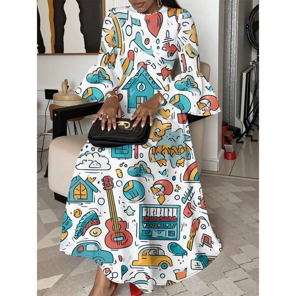 Abito lungo giocoso Doodles Abito fluido a trapezio con maniche arricciate Abbigliamento Boho Chic Abito casual da donna per le vacanze e casual