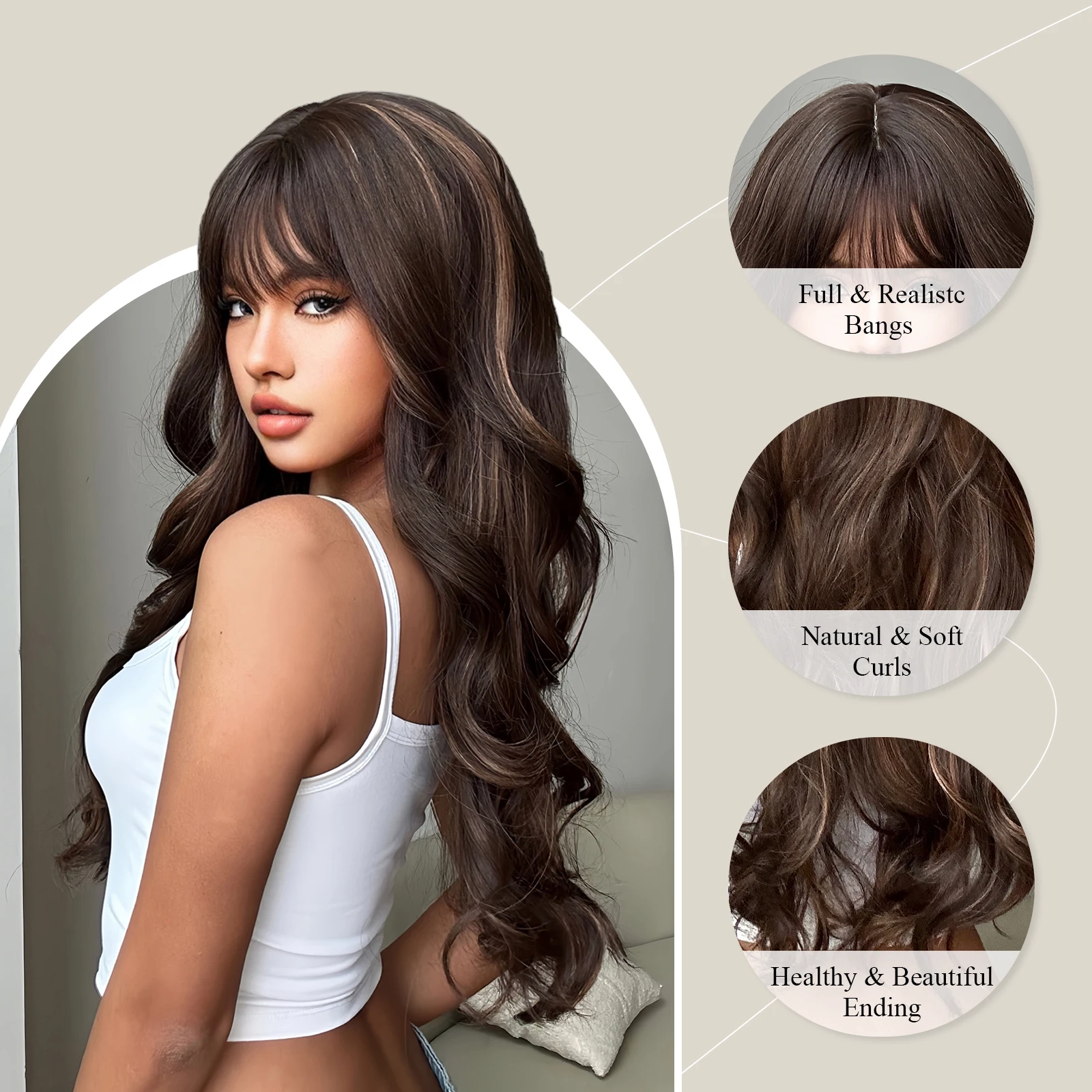 Long Natural Wavy Hair Wigs Brown Highlight Synthetic Wig With Bangs Heat Resistant Daily Cosplay Use Fake Hair for Women 26Inch