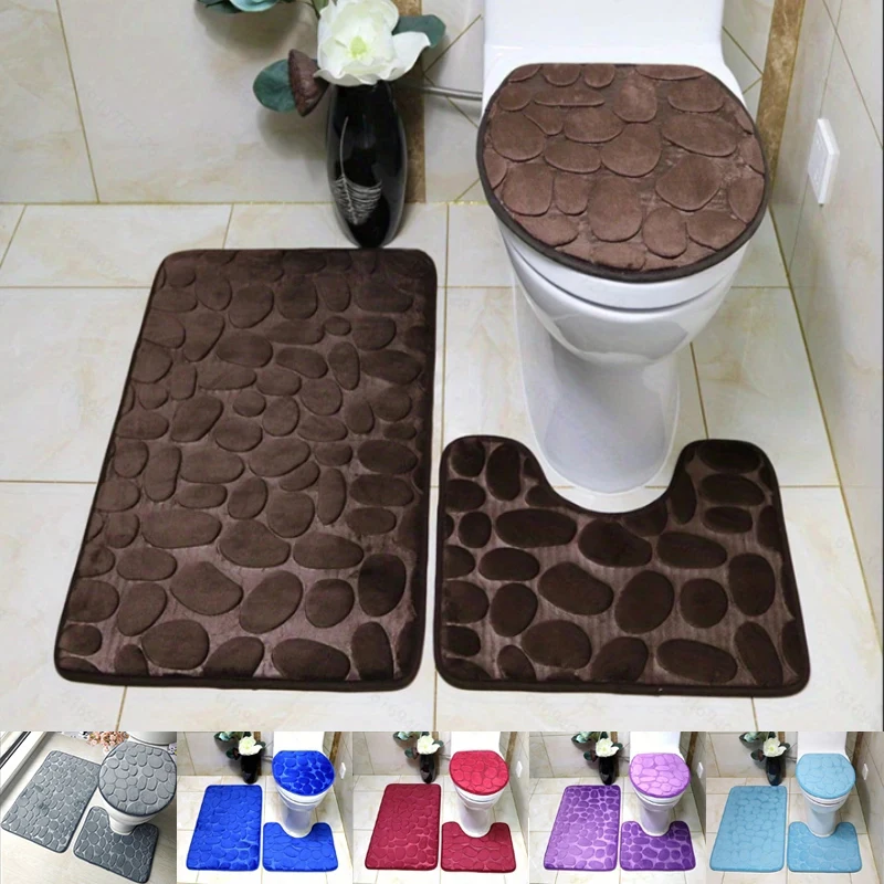 

3PCS/set Memory Foam Embossed Velvet Carpet Bathroom Living Room Non-Slip Mat Cobblestone Floor Mat Home Furnishings