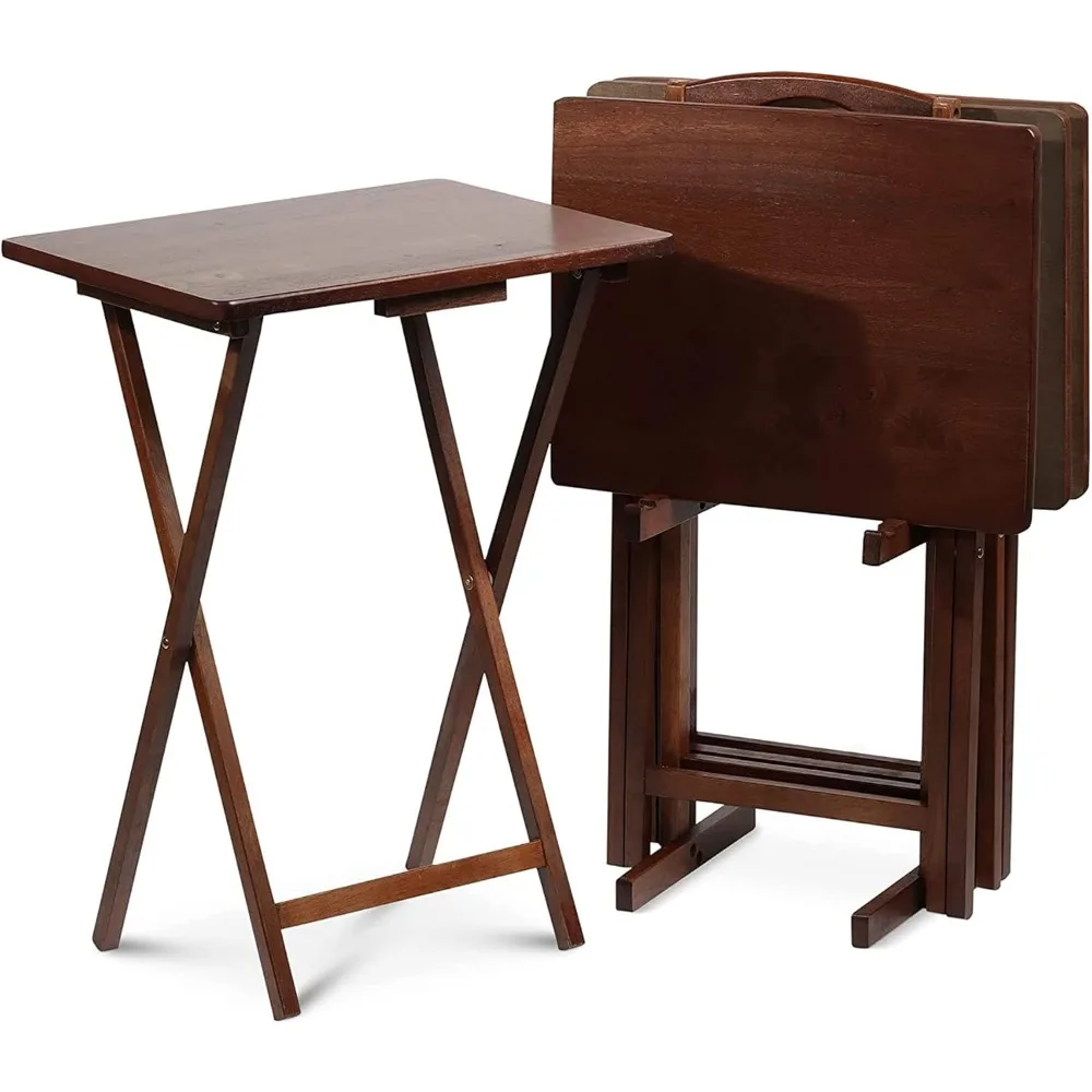 

Wood 5-Piece Wooden Folding TV Tray Table Set with Storage Stand, Honey Oak – Compact Dining or Snack Tables for Living Room,