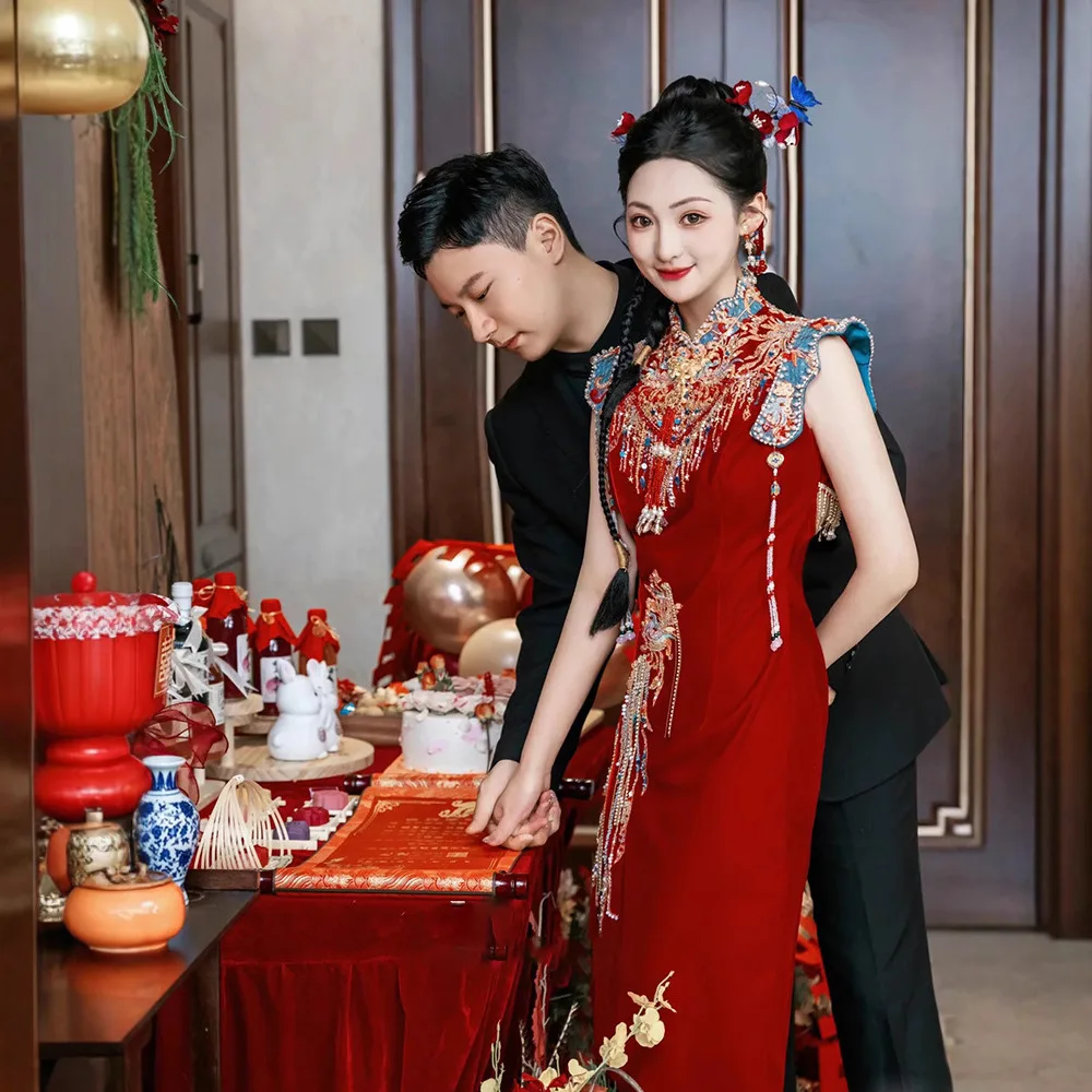 

Свадебное платье Yourqipao в китайском стиле чонсам для помолвки и свадьбы 2026 года, с разрезом, без спинки, в стиле Сюхэ