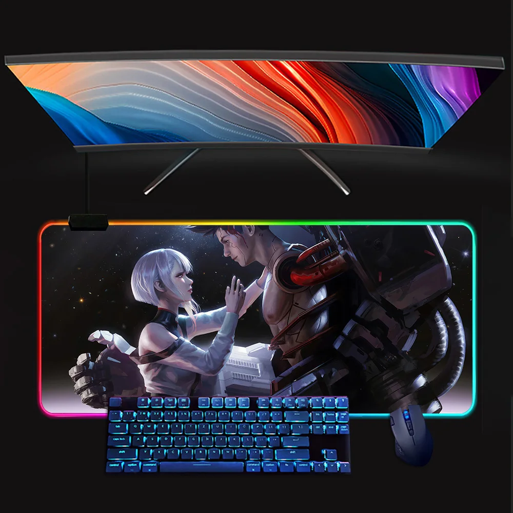 C-Cyberpunk Anime E-Edgerunners RGB Pc Gamer Tastiera Mouse Pad Mousepad LED Incandescente Tappetini per mouse Gomma Gaming Computer Mausepad