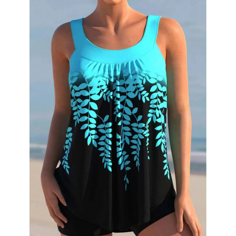 Heißverkaufte Damen-Bademode auf Lager, Übergröße, bedruckt, konservativer Tankini, zweiteiliger Badeanzug