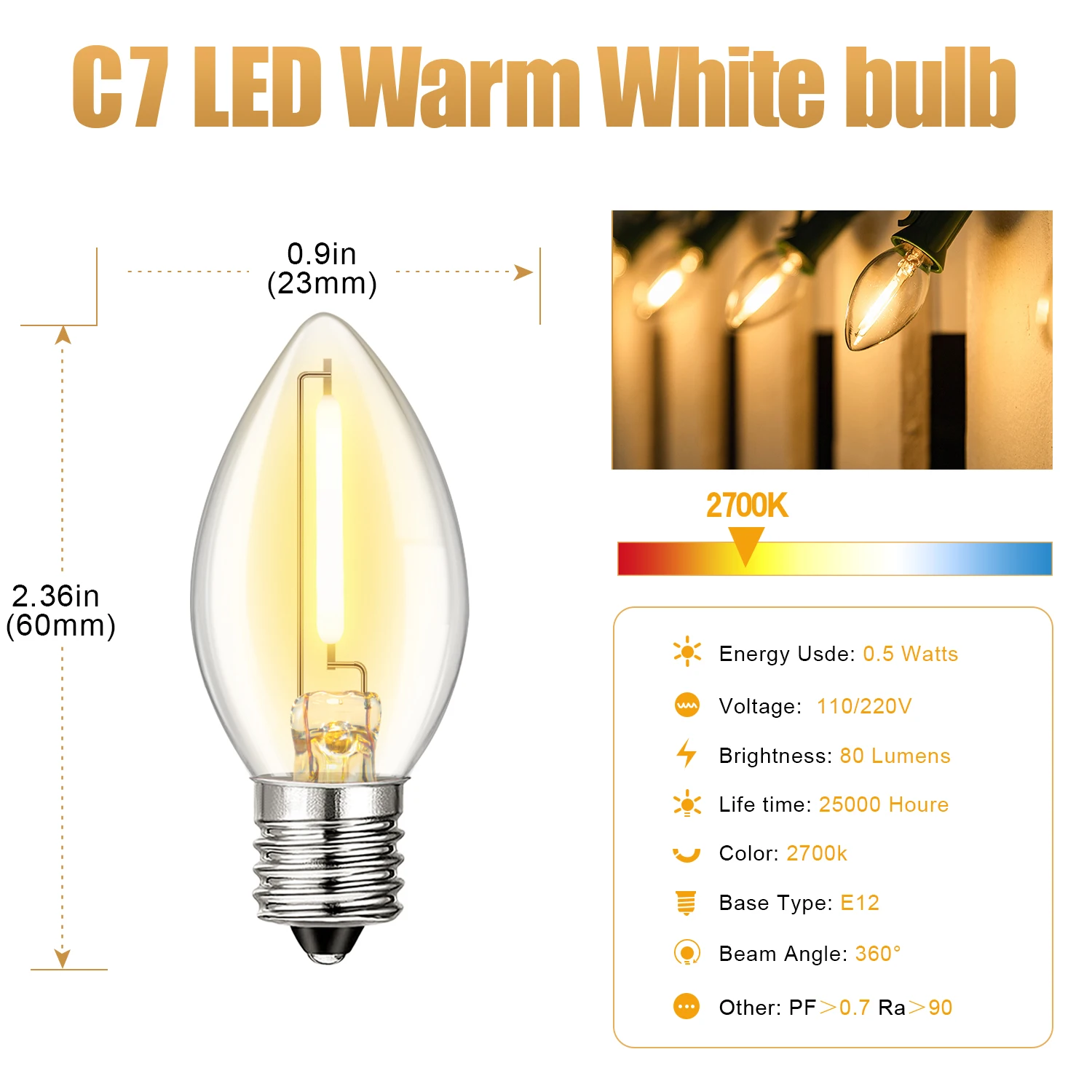 Imagem -02 - Guirlanda c7 Vela Luzes Led Corda Impermeável Conectado ao ar Livre Interior Feriado Xmas Decor 220v 110v E12 2700k