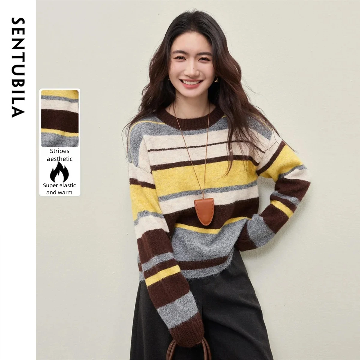 

SENTUBILA High Elasticity Women's Sweater 2025 Winter Simple Striped Round Neck Warm Jumpers for Woman Long Sleeve Top W54EE5649