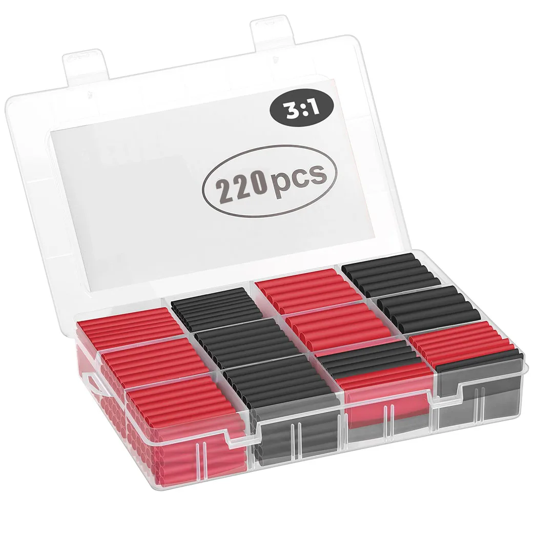 220PCS 3:1 Black Red Heat Shrink Tubing Kit Adhesive Lined Marine Resistant Grade Shrink Heat Shrink Tube Insulation Sleeve