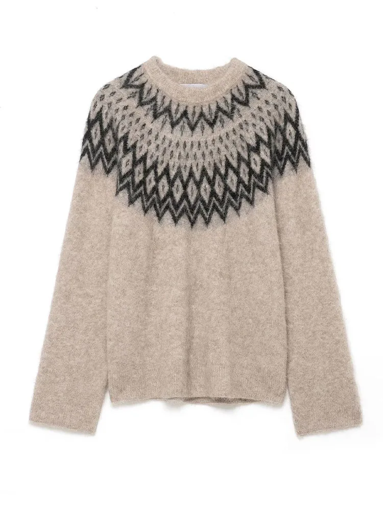 

HH Women's Winter Fashion Ski Series Alpaca Jacquard Knit Sweater Female Versatile Round Neck Long Sleeve Pullover Sweater Mujer