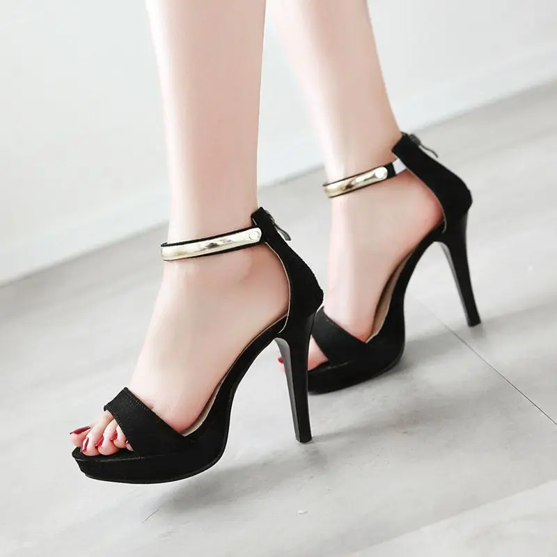 

SIMLOVEYO Sexy Women Sandals Peep Toe Thin High Heels 11cm Flock Suede Zip Metal Big Size 42 43 44 45 46 Dating Shoes