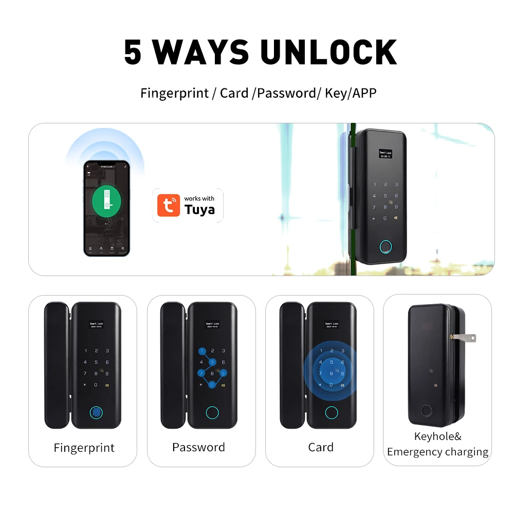 Keyless Aluminum Frame Glass Door Lock Digital Fingerprint Lock Electronic RFID Card Sliding TTlock App Management Smart Lock