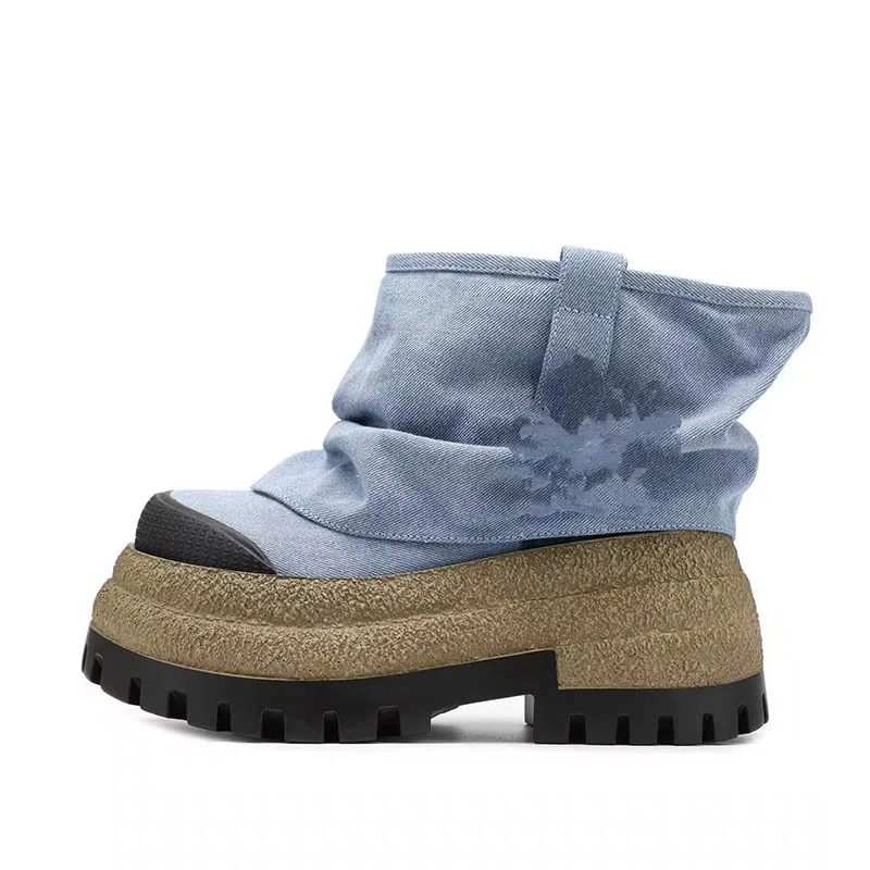 Fashion Women Autumn Winter Ankle Boots for Woman's Round Toe Thick Bottom Cowboy Botas Mujer Double Layered Sole Platform Shoes
