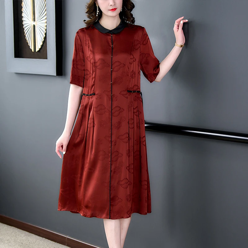 2023 Summer New Silk Vintage Mom's Short Sleeve Dress O-Neck Large Wide Pine Silk Jacquard Slim Over Knee Robe Skirt