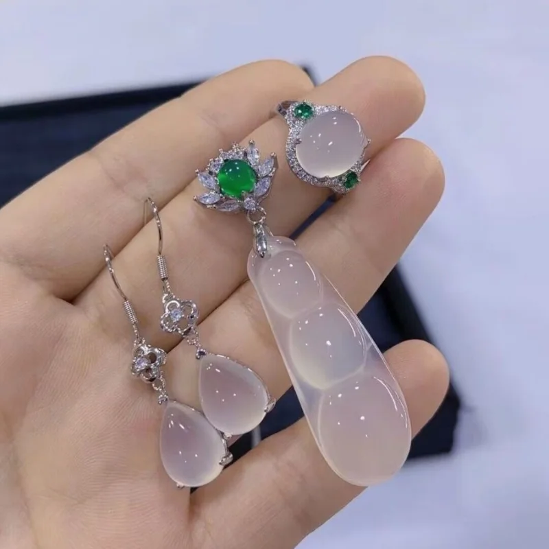Ice White Chalcedony Fortune Bean , Agate Women's Earrings and Ring, Jade Three-Piece Gift Set