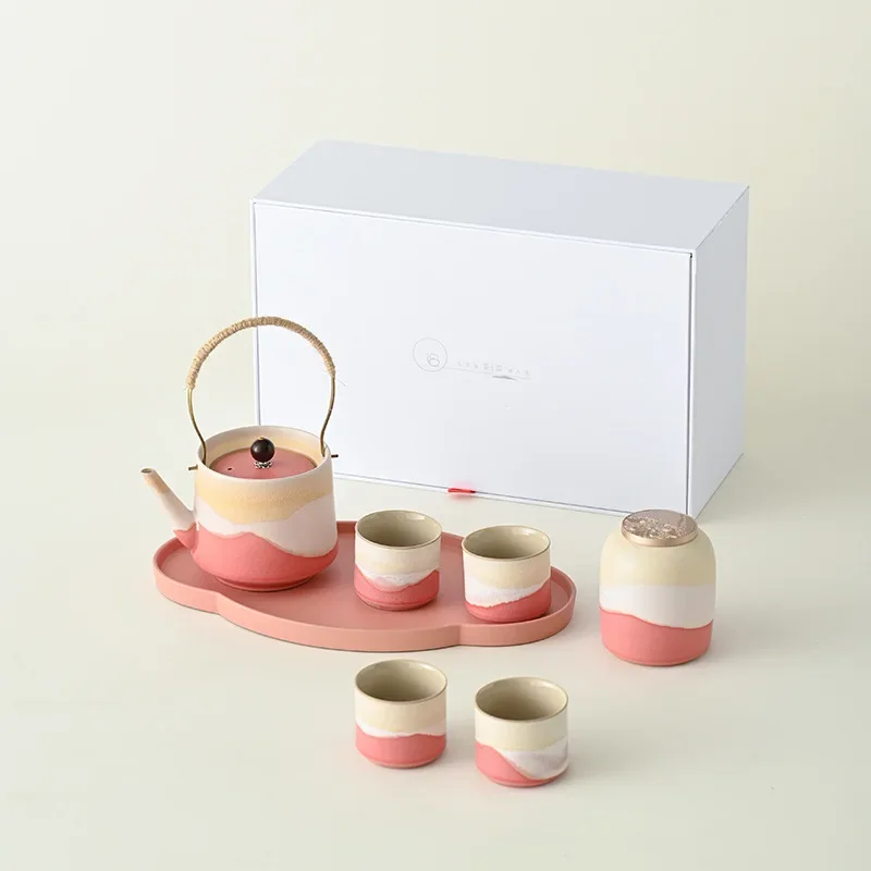 Kiln-turned Powder Teapot with Beams, Tea Set One Pot Four Cups, Gift Box Set, Wedding, Housewarming, Company Holiday Souvenirs
