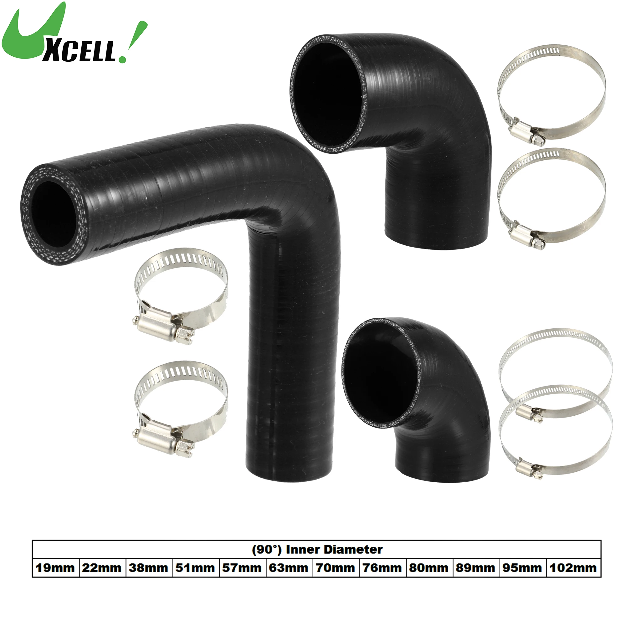 

UXCELL 1 Set 19mm 57mm 63mm 76mm ID 90 Degree Elbow Engine Silicone Hose for Car Intercooler Intake Piping w/ 2 Pcs Clamps