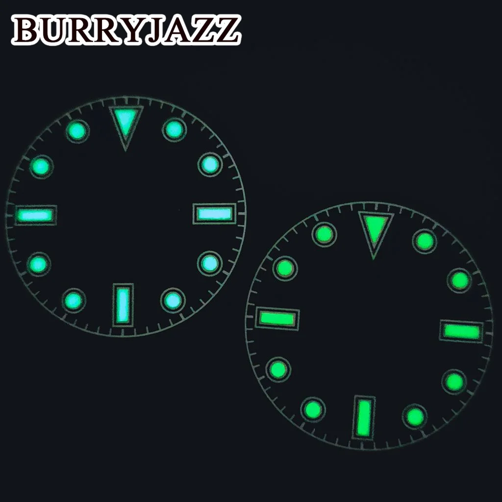 BURRYJAZZ 28.5mm No Logo NH35 NH36 Watch Dials Black Dial Green Luminous Fit 3 O'clock 3.8 O'clock Case Crown