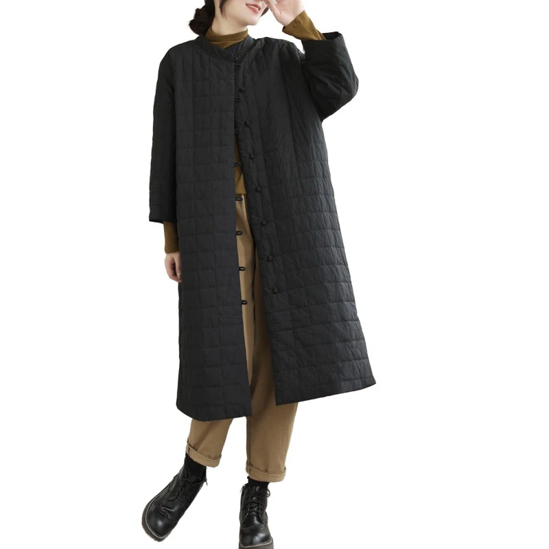 레트로 롱 코튼 재킷 여성용 큰 사이즈 코트 스탠드 칼라 슬릿 디자인 엘레 가을 겨울 아우터웨어 출퇴근 스타일