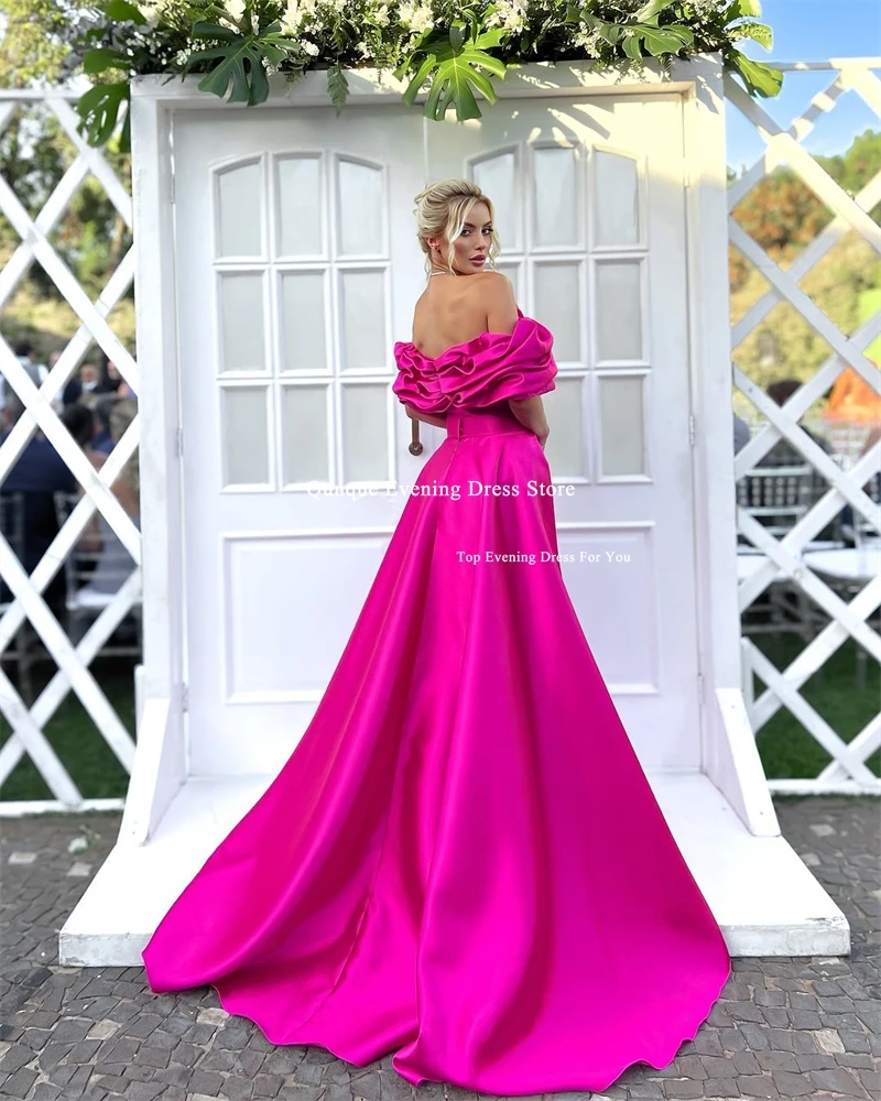 Qunque Fuchsia Evening Dress For Party Satin Off the Shoulder Sleeves Pleats Customized Mermaid Prom Gowns Train Celebrity Dress