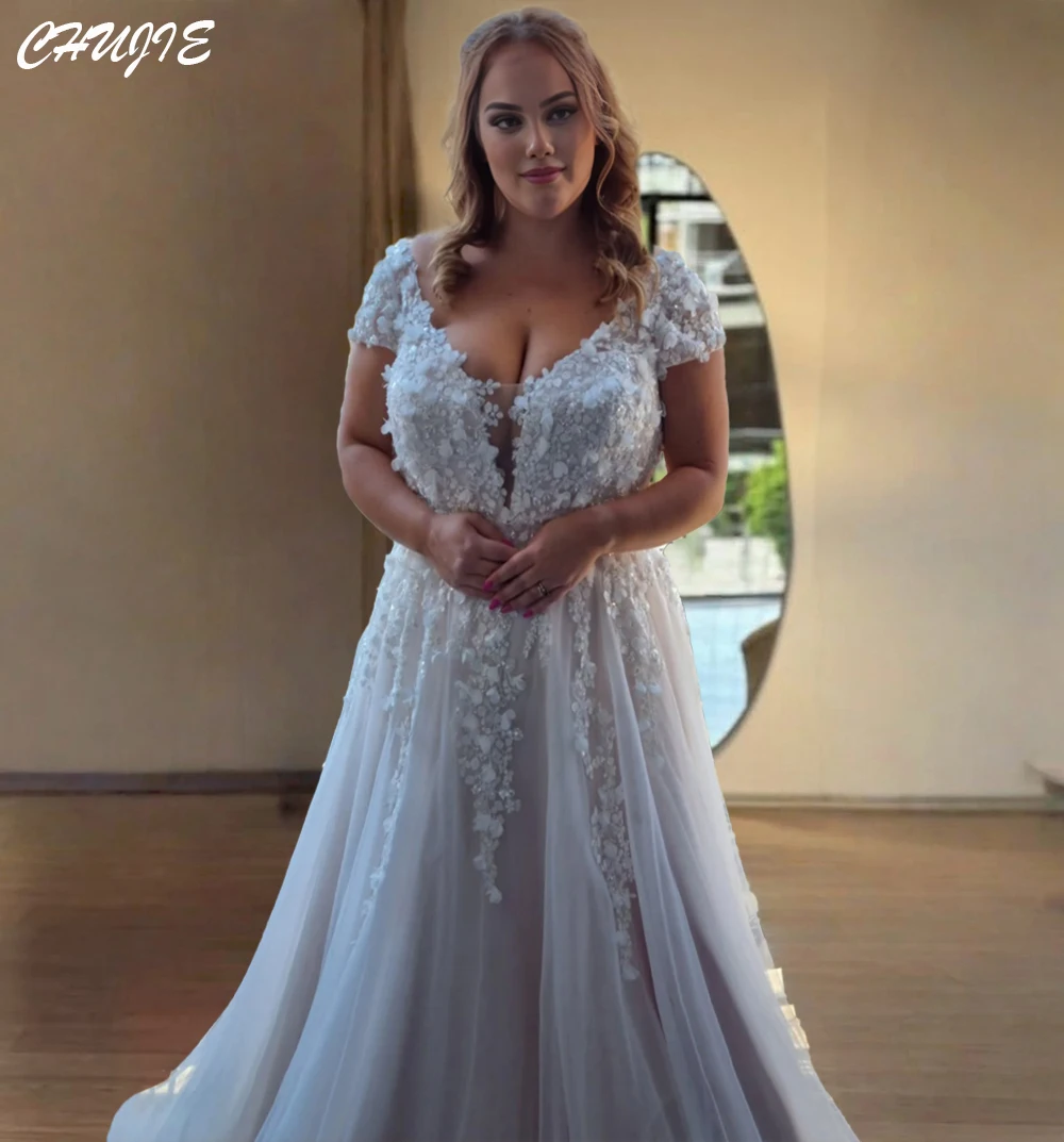 キャップスリーブアップリケ付きAラインプリーツウェディングドレス、プラスサイズブライダルガウン、カスタムメイドのウェディングドレス