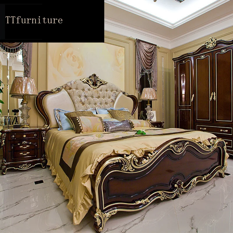 modern european Italian solid wood bed Fashion Carved  luxurious french bedroom set furniture king size jxj61