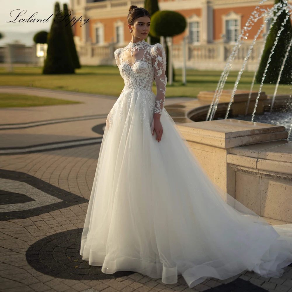 Lceland Poppy Customized A Line O Neck Lace Wedding Dresses Puffy Sleeves Tulle Bridal Gowns with Court Train