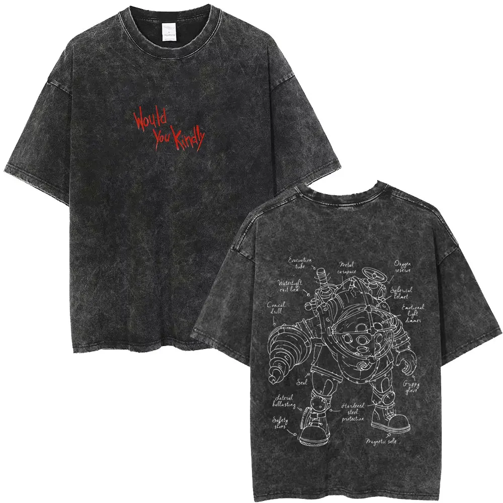 

Washed Vintage Classic Shooting Game Bioshock Would You Kindly T-shirt Men's Clothing Hip Hop Oversized T Shirt Male Streetwear