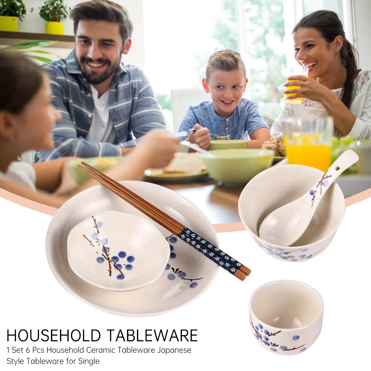 

1Set Japanese Style Tableware Set 6 Pieces Ceramic Bowl Plate Cup Spoon Chopsticks for Single Diner Convenient