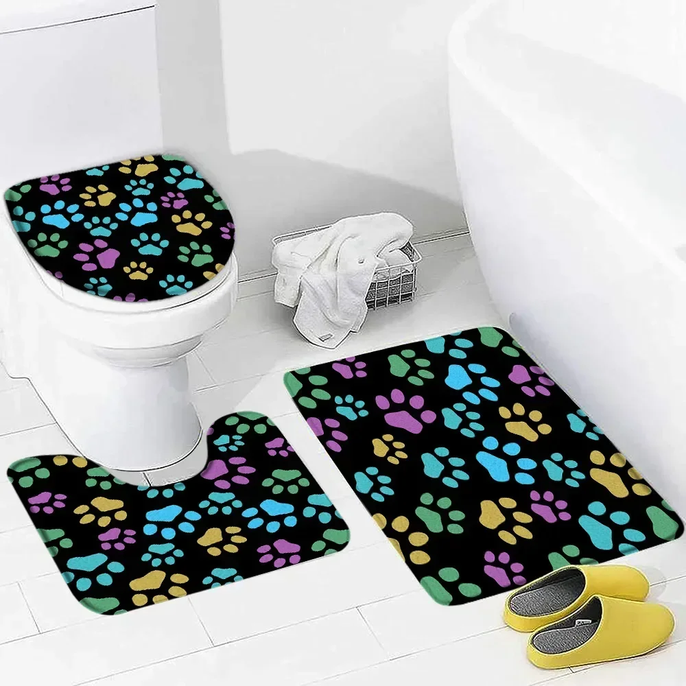 Animal Footprint Bath Mat Set Funny Cat Dog Pattern Print Children Home Carpet Kids Bathroom Decor Non-Slip Rug Toilet Lid Cover