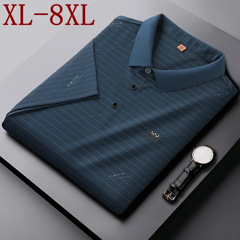 

8XL 7XL 6XL 2024 New Summer High End Luxury Striped Shirts For Men Short Sleeve Lapel Mens T-Shirts Casual Loose Camisa Polo