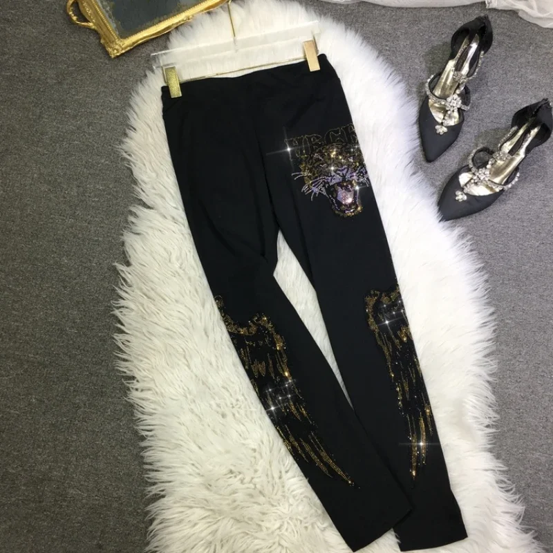 

High Quality Hot Drilling Tiger Wings Women Legging New Autumn Winter Ankle-length Tight Pencil Pants High Waist Black Leggings