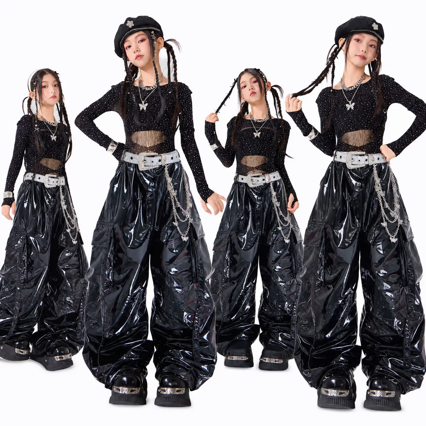 Girls K-pop Cool Silver Shiny Crop Tank Top Cargo Pants Kids Hip Hop Jazz Clothes Sets Children Streetwear Girl Group Costumes