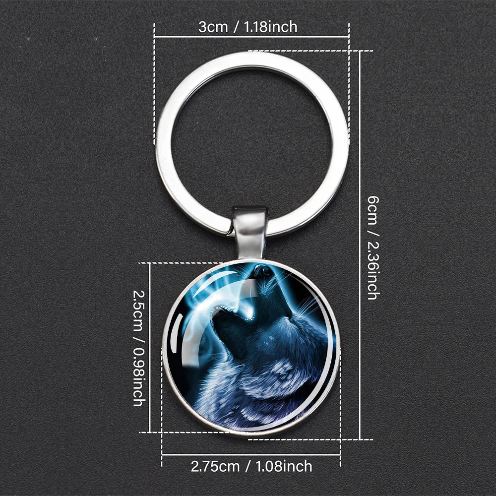 Wolf Key Chain Glow In The Dark Howling Wolf Head and Moon Keyring Double Side Glass Cabochon Keychain Pendant Luminous Key Ring