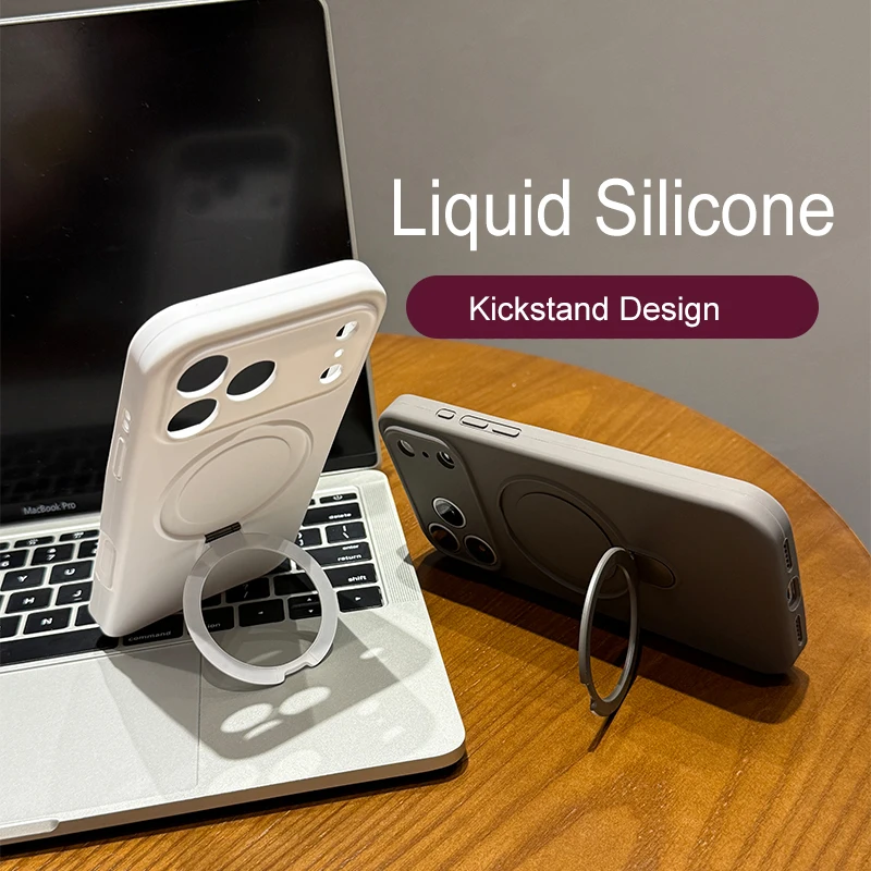 Metal Magnectic Kickstand Case for iPhone 17 Air 16 15 14 Plus 13 12 Pro Max 11 For Magsafe Charge Liquid Silicone Soft Cover