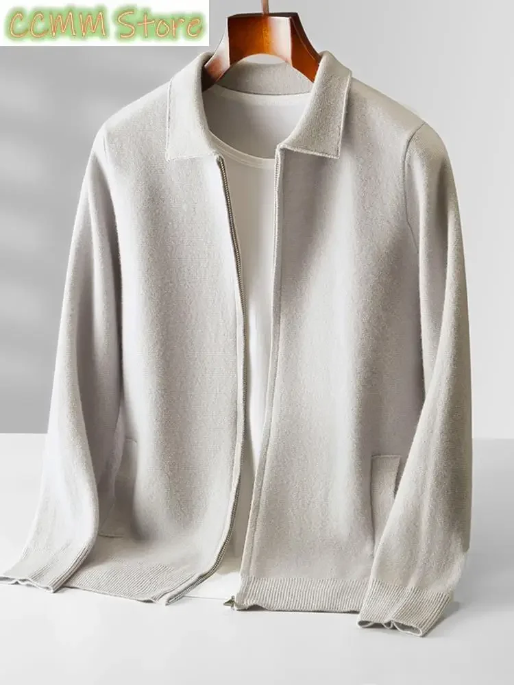 High-end Men's Cardigan 100% Merino Wool Knitted Zipper Jacket Autumn and Winter Thickened Long Sleeve Men's Sweater Lapel Shirt