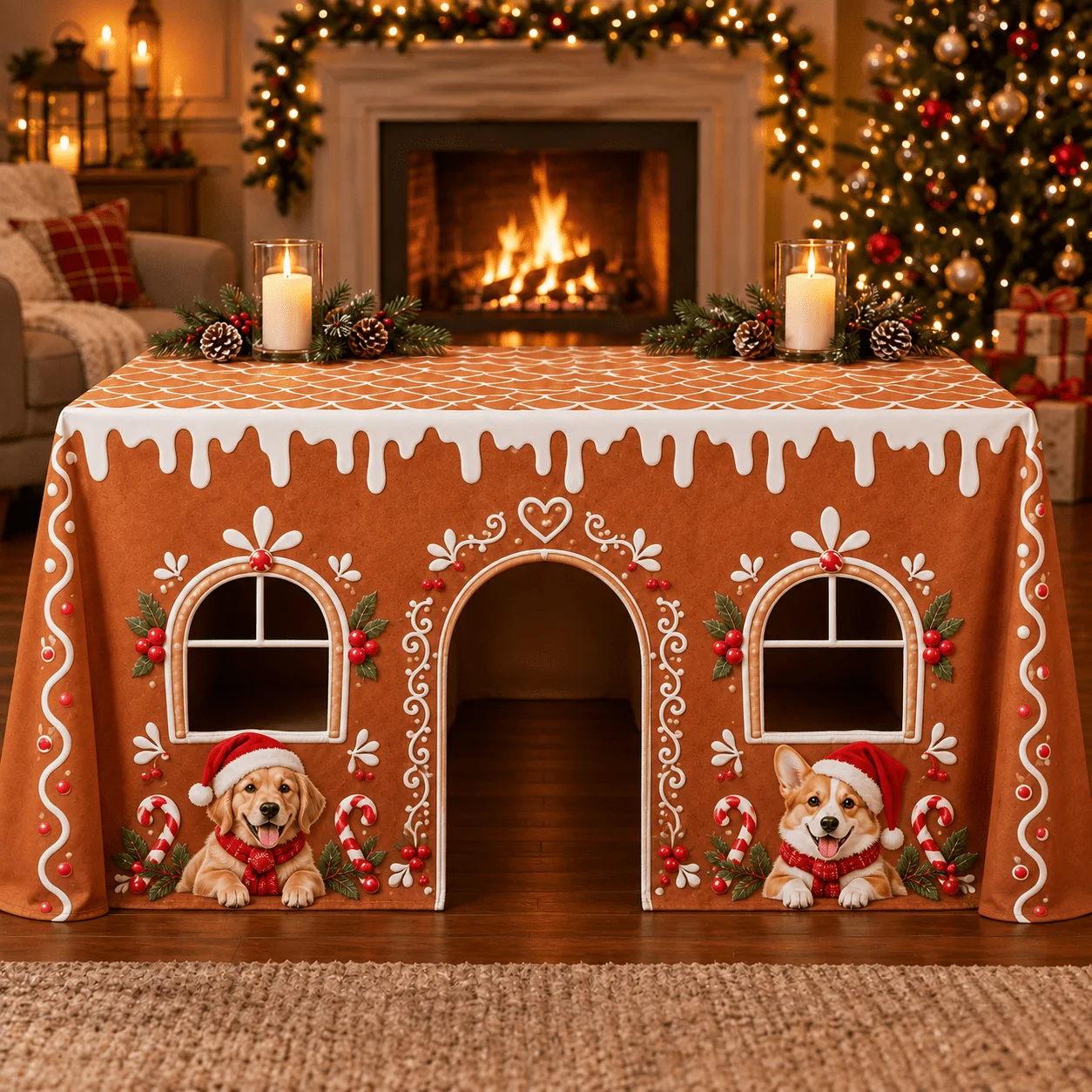 1 doggy door tablecloth, a shop turned into a Christmas gingerbread house! cute golden retriever and corgi pattern