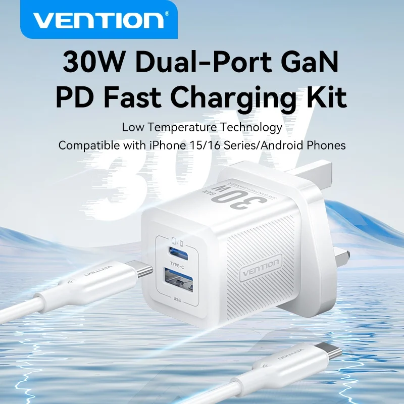 

Комплект зарядного устройства GaN Vention 30 Вт PD3.0 QC4.0 USB C Зарядное устройство для iPhone 17 16 15 Pro Max Samsung S25 Xiaomi iPad Air Pro Зарядное устройство для телефона