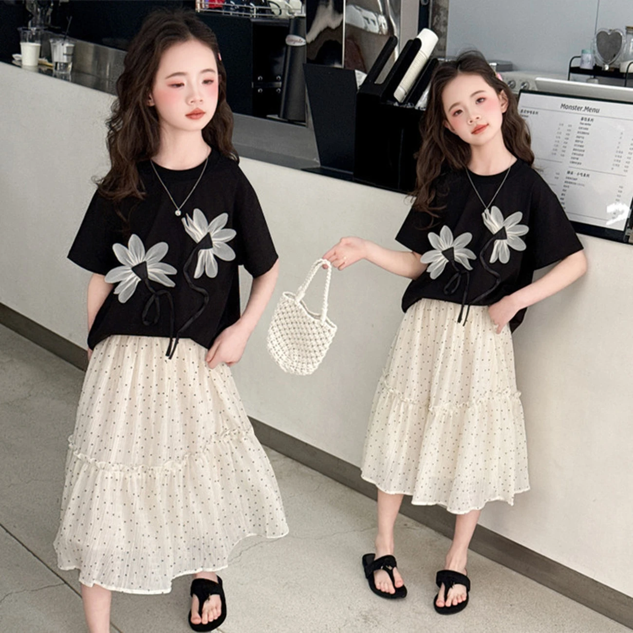 

Stylish Girls 2Pcs Clothing Set Summer Floral T-shirt with Polka Dot Skirt Short Sleeve Outfit for Kids Teen Children's Wear
