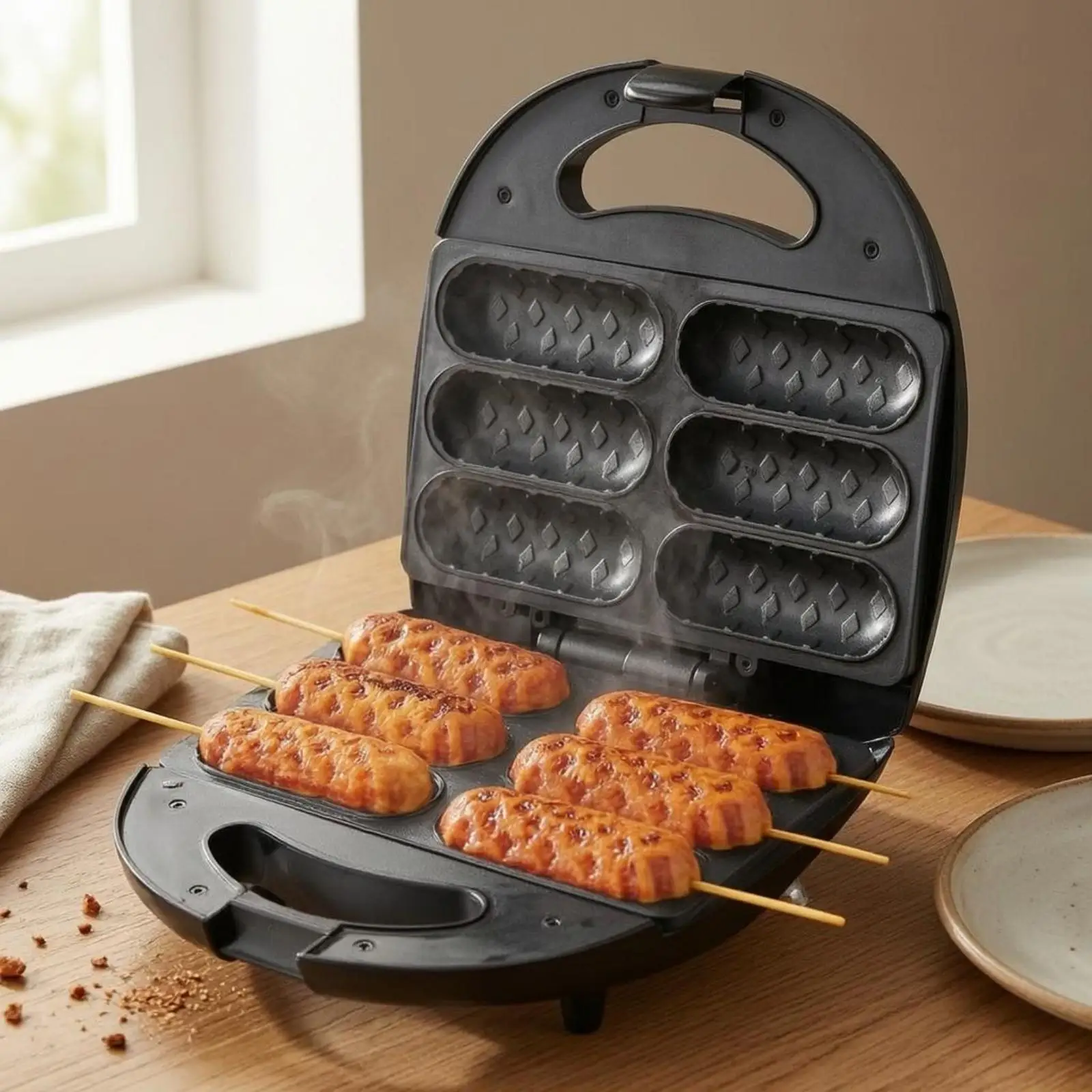 Six-Slot Hot Dogs Machine Non Electric GrillNo Frying Required Clamshell Grill