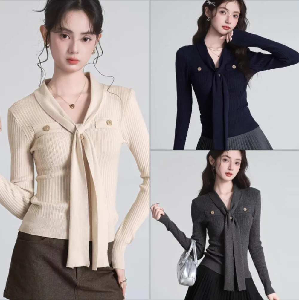 템퍼먼트 브이넥 긴팔 니트 스웨터 여성 슬림 캐주얼 타이 긴팔 탑 점퍼 풀오버